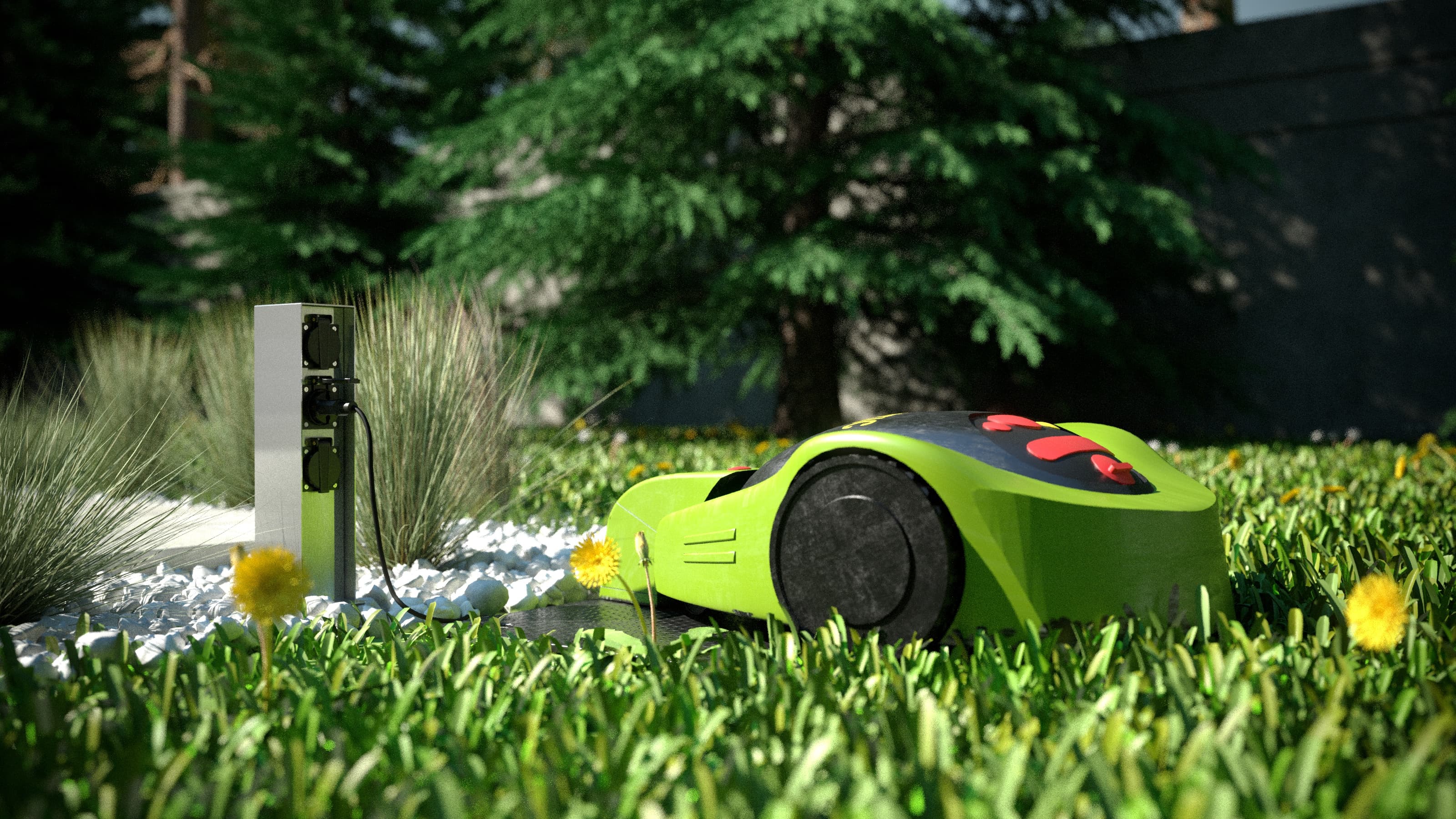 Gniazdo robota koszącego podłączone do słupka elektrycznego słupka ogrodowego